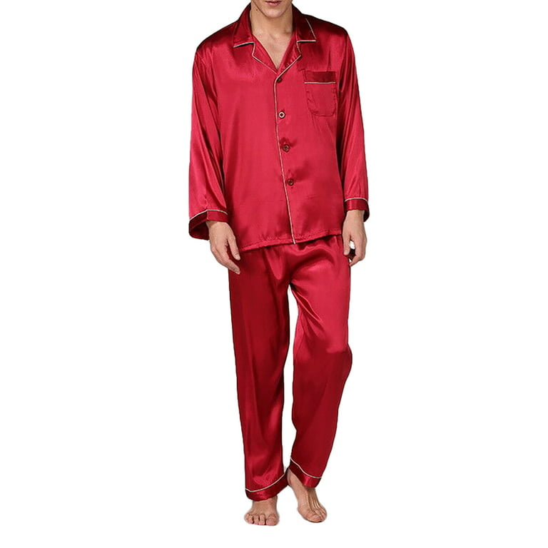 xkwyshop Men's Satin Pajamas Long Button-Down Pj Set Sleepwear Soft Silk  Loungewear With Pockets Red XXL