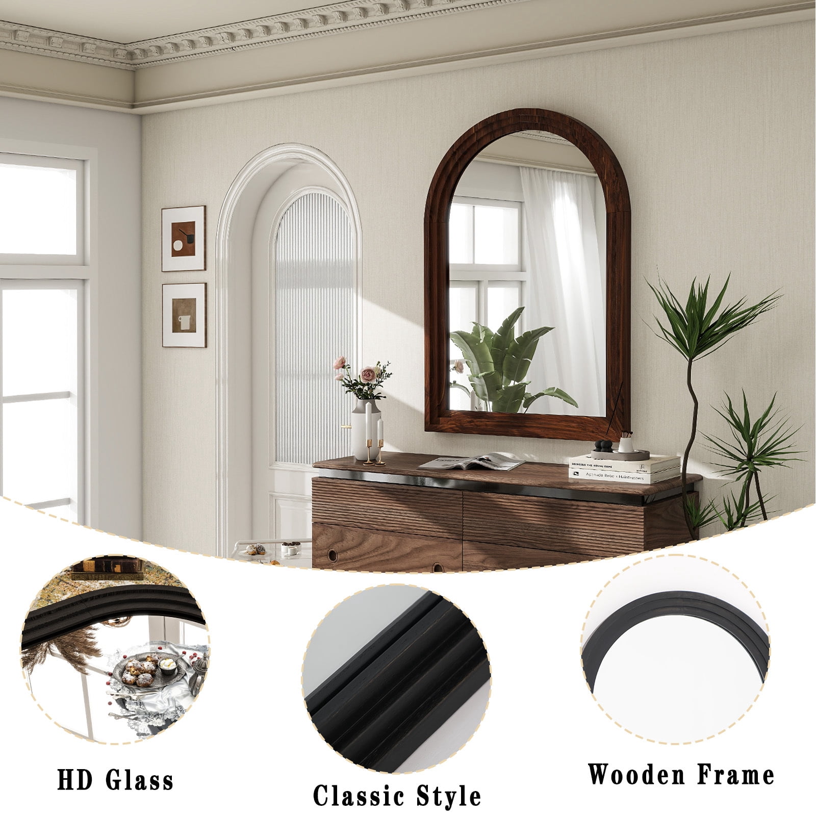 Anyrose 40.2"x30" Arch Wooden Framed Vanity Bathroom Mirror, Brown