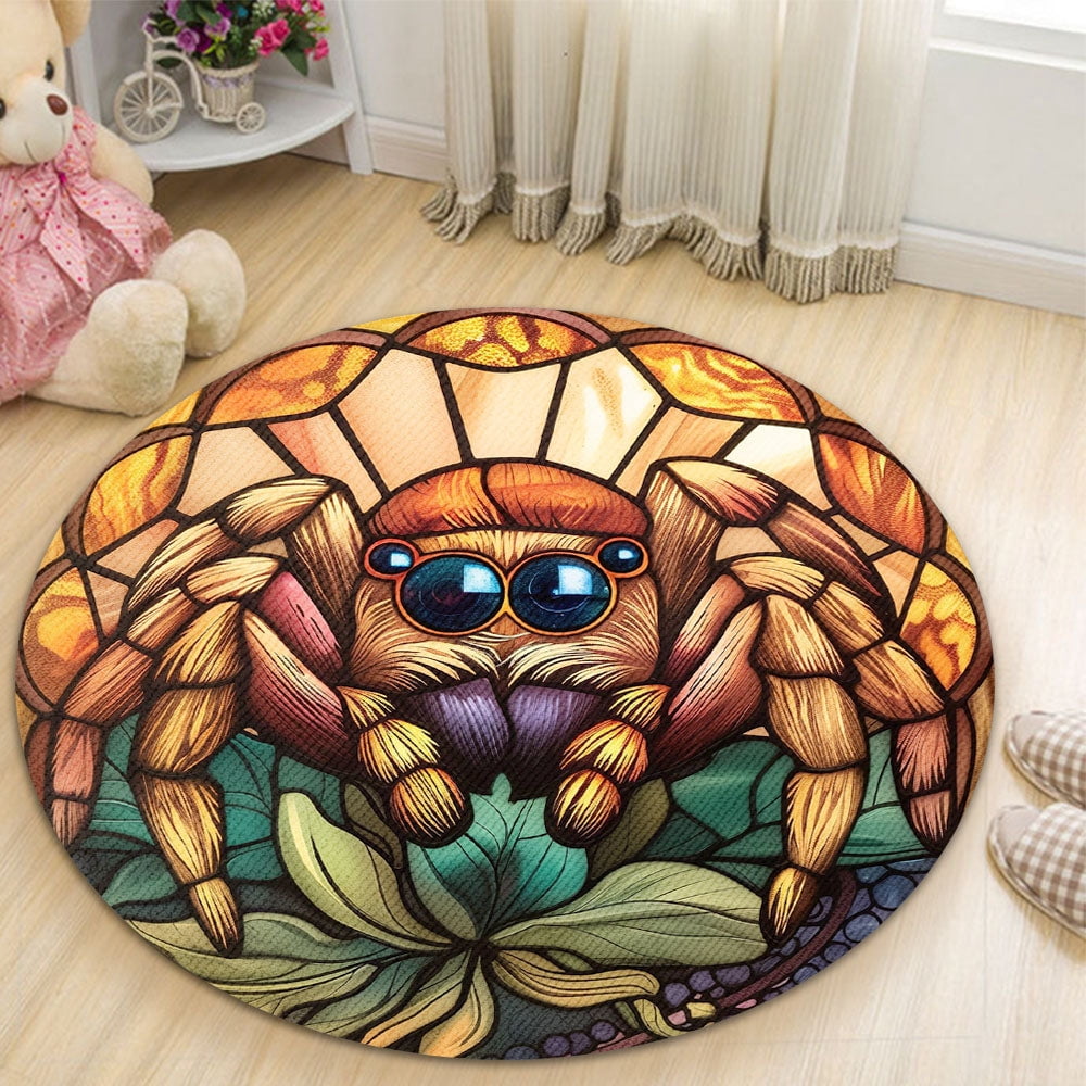 Round Area Rug, Jumping Spider Non-Slip Floor Mat, Soft Washable Carpet for Living Room Bedroom Decor 24 Inch