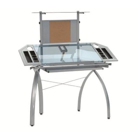 Homestock Art Nouveau Allure Tower - 29.5" L x 53.5" W x 5.5" H, Tempered Glass, Removable Art Trays, Silver/Blue Finish