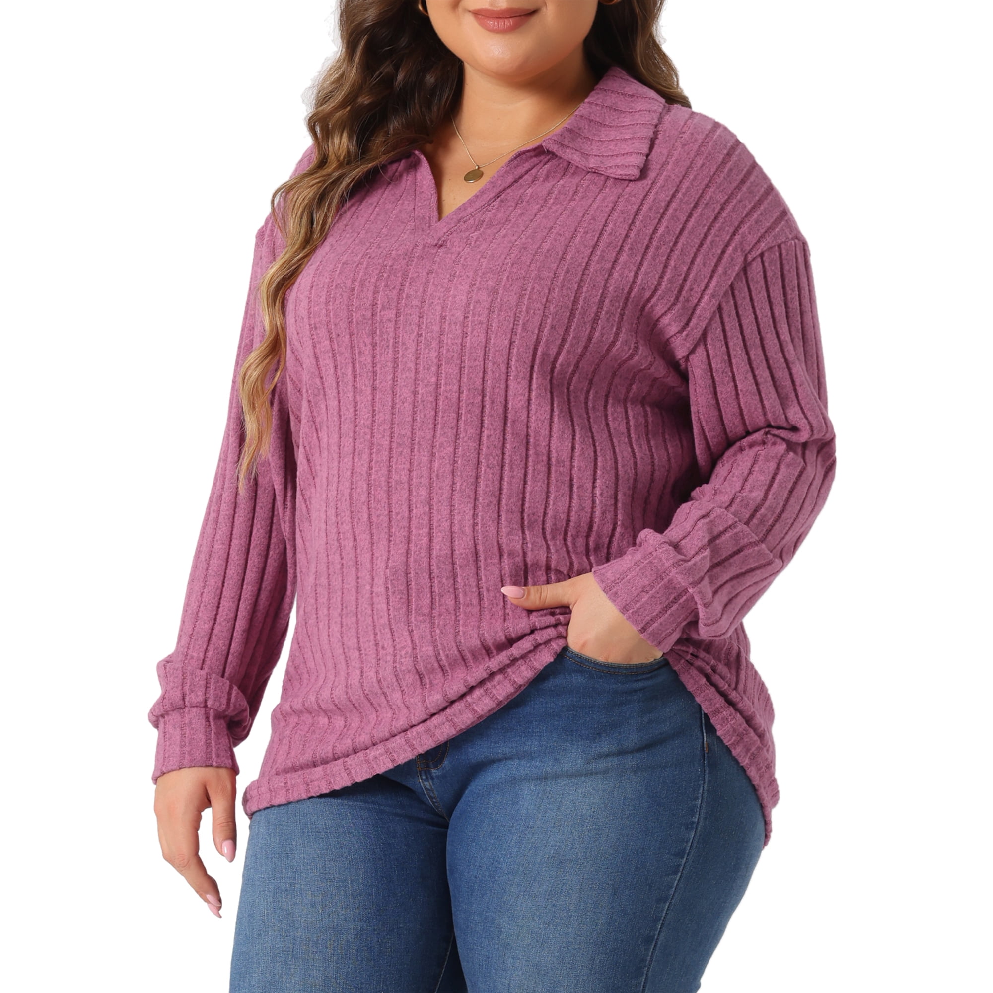 DARING DIVA Women's Plus Size Loose V Neck Long Sleeve Polo 2X Fuchsia