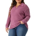 thumbnail image 2 of DARING DIVA Women's Plus Size Loose V Neck Long Sleeve Polo 2X Fuchsia, 2 of 6