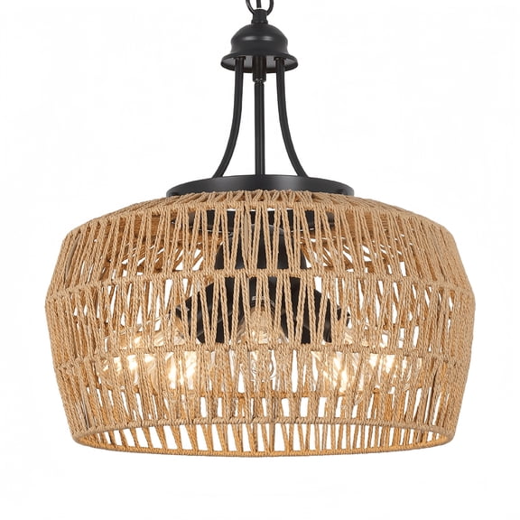Ardescere 5-Light Rattan Farmhouse Chandelier, 18.1" Boho Coastal Wicker Pendant Light for Dining Room