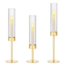Fohil 3 Pack Candle Holders, Tall Taper Glass Candle Holders for Candlesticks Decor, Brass Candlestick Holders for Table Centerpiece Wedding Party Christmas Decorations