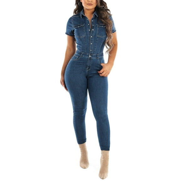 Women's Distressed Denim Jumpsuit - Button Closure, Ripped Fringed Leg, Polyester, Casual/Summer Wear