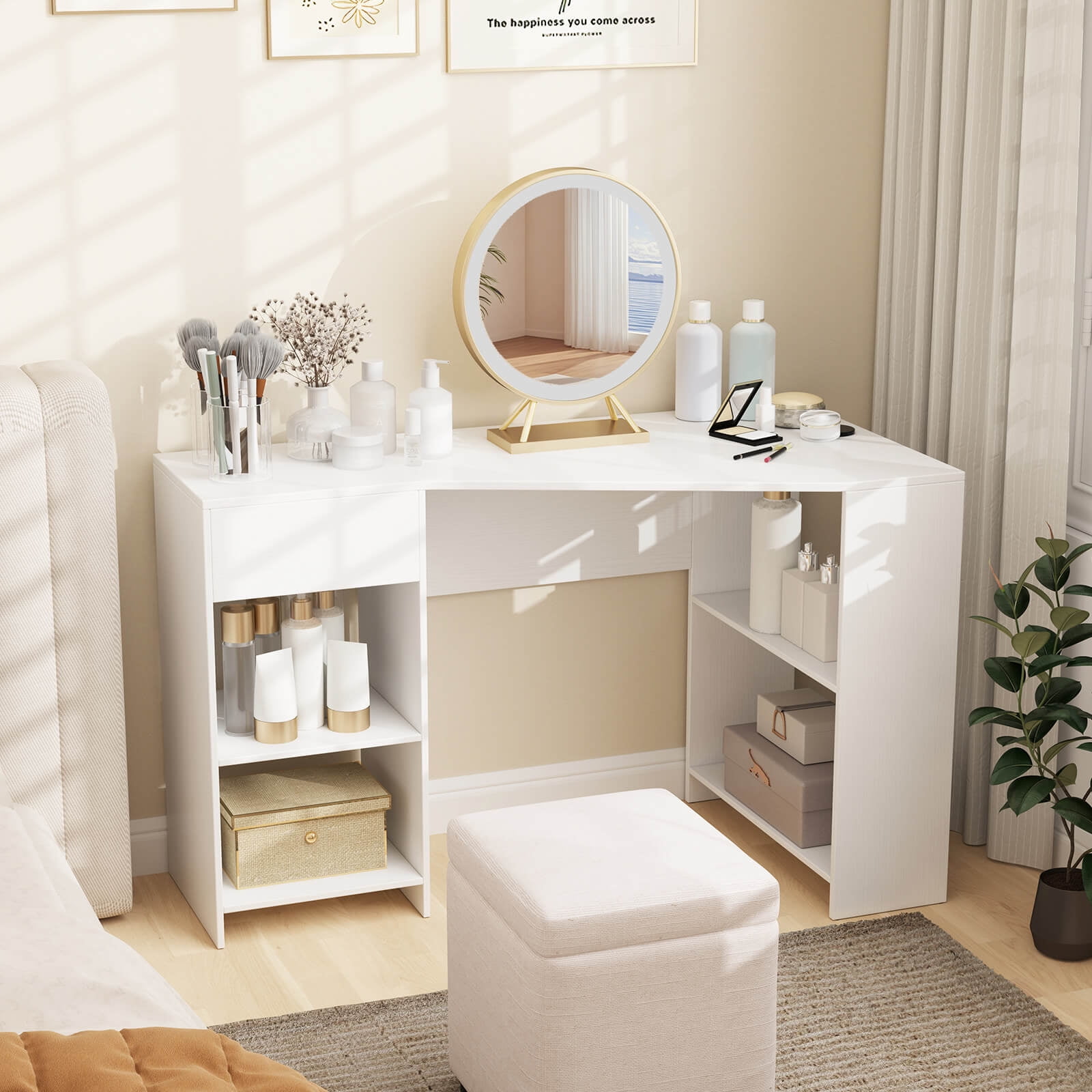 Costway L Shaped Computer Desk with Drawer & Storage Shelves for Home Office Workstation