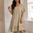 thumbnail image 2 of bbyeadc Womens Summer Dresses Casual Ruffle Tiered Layered Aline Dresses Trendy Textured Short Sleeve Cocktail Dresses Swing V-Neck Beach Cover-Up, Khaki 2XL, 2 of 5