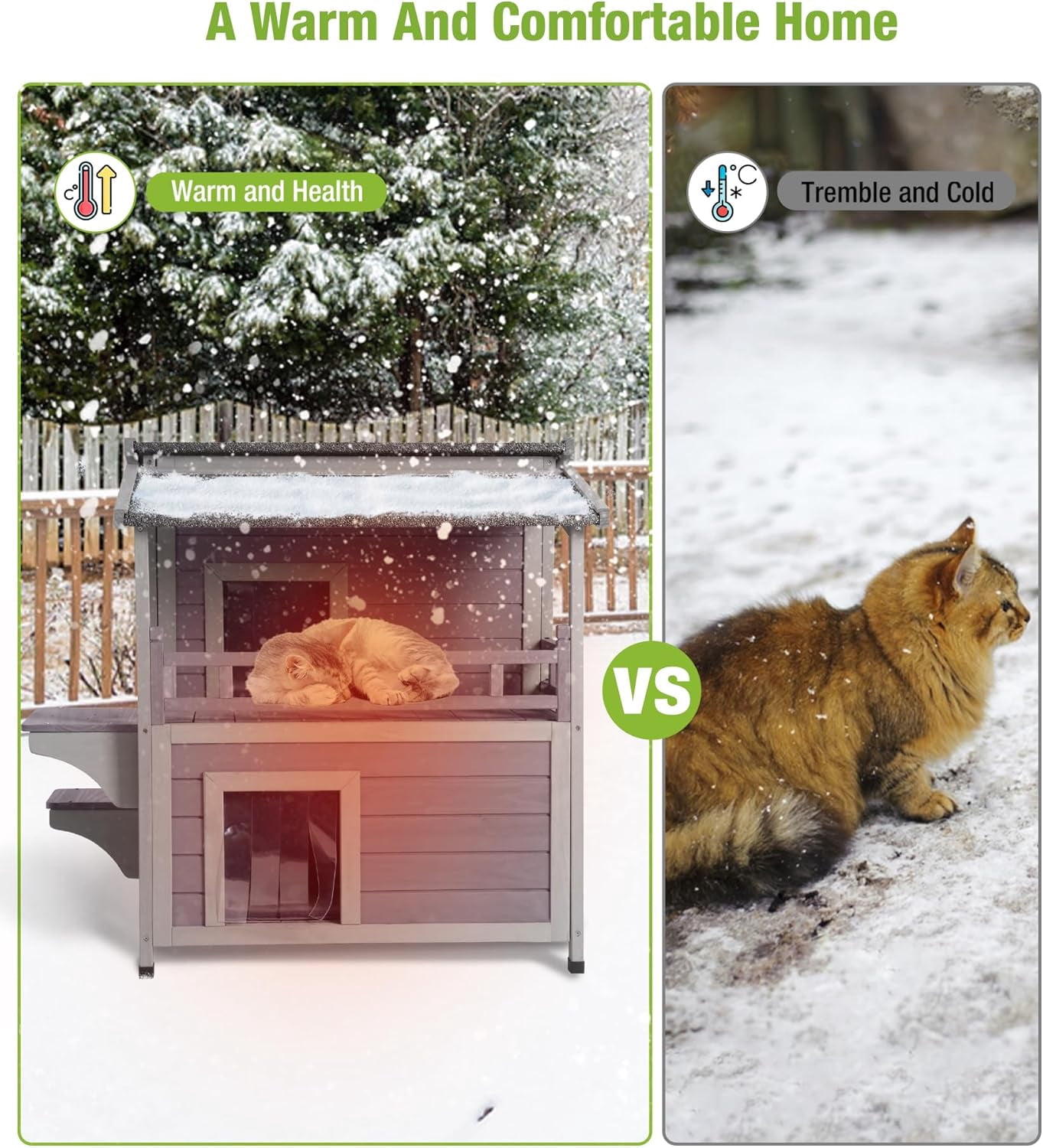 MEDEHOO Insulated Cat House Outdoor for Winter, Wooden Weatherproof Outside Feral Cat Shelter with Liner, Large Balcony, Escape Door, PVC Door Strip, for Outdoor & Indoor