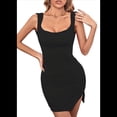 thumbnail image 2 of Vestido Mini de Verano para Mujer, Sin Mangas, con Lazo en la Cintura, Escote Cuadrado, Espalda Descubierta, Abertura en el Dobladillo, Fruncido y Ajustado. Negro L, 2 of 10