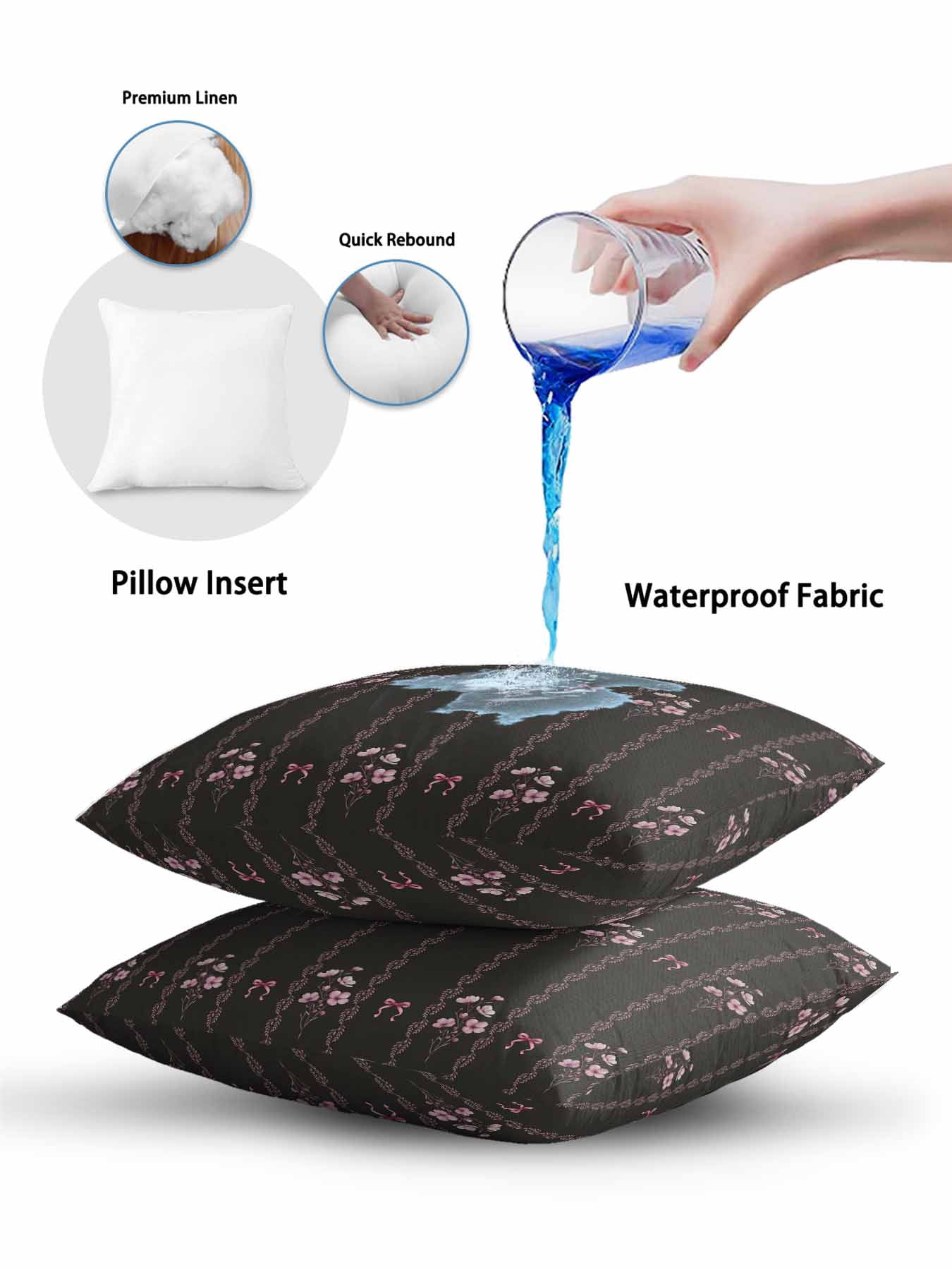 1 Pack Outdoor Throw Pillow, Spring Floral Waterproof Pillow with Insert Included, Vintage Bohemia Flowers Leaves Bows Black Decorative Accent Cushion Sofa Pillows for Patio Porch, 16 x 16 In