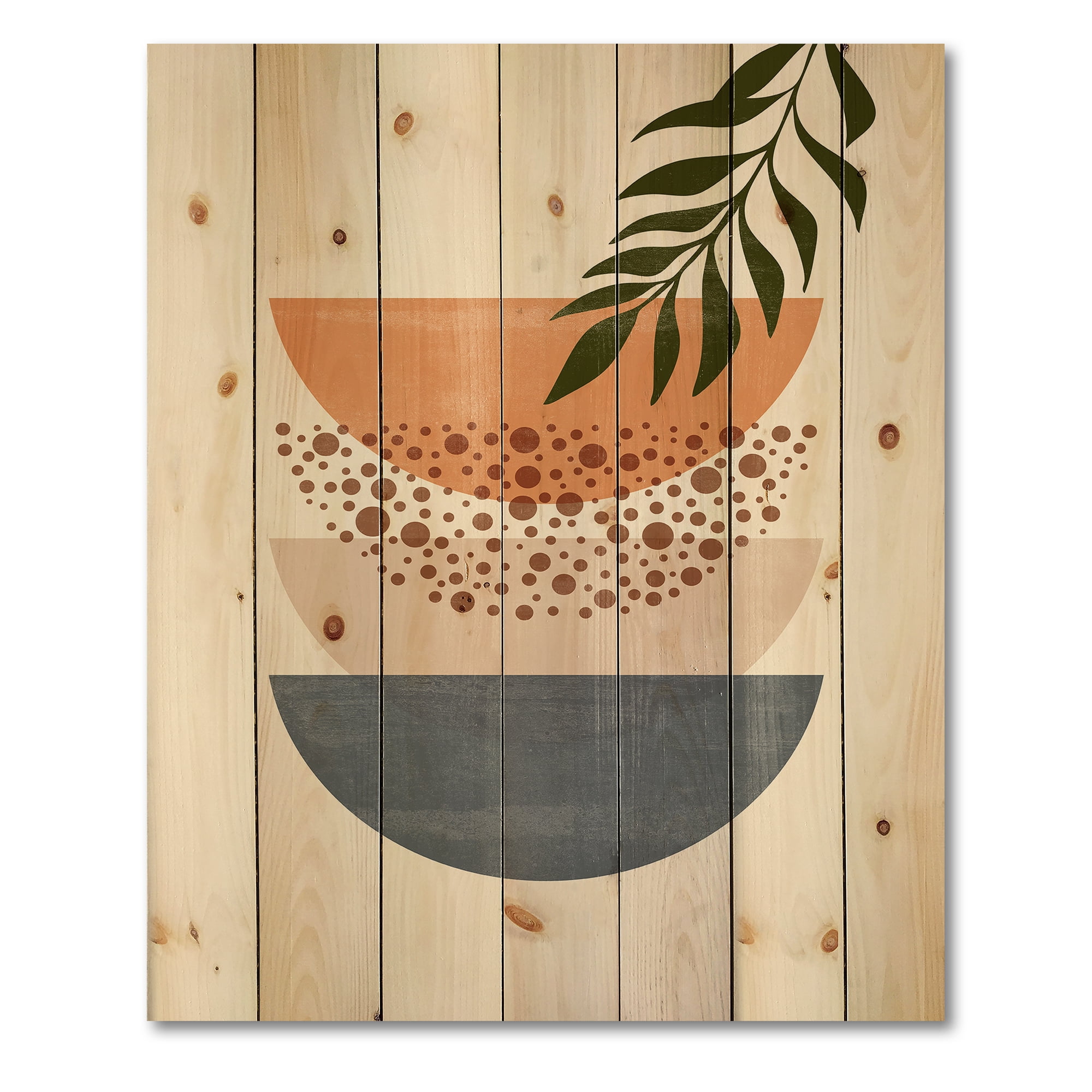 Designart 'Abstract Geometrical Moon and Sun With Leaf III' Modern Print on Natural Pine Wood