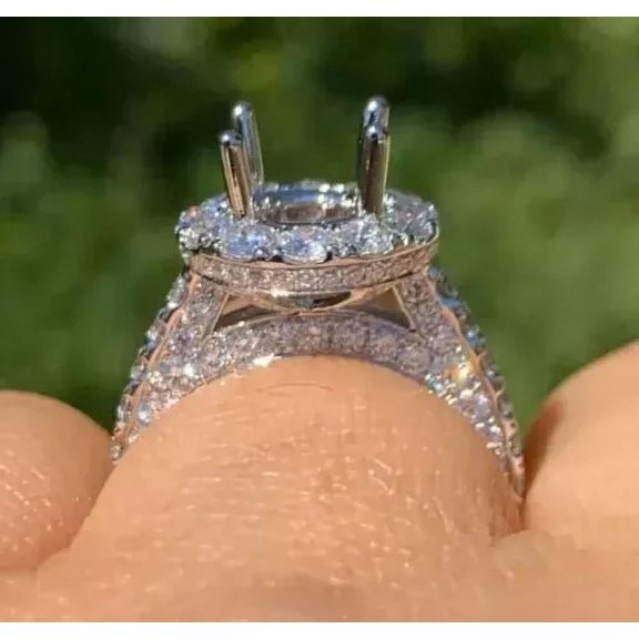 Round Cut Lab Created Diamond Semi Mount Ring 14K White Gold Plated Silver