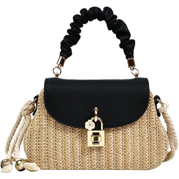 LHSHID Women Straw Crossbody Bag Leather Top Handle Straw Handbag Summer Straw Beach Bag Weave Shoulder Bag Rattan Clutch Purse