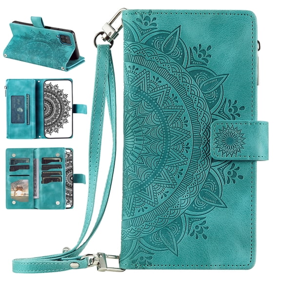 Nalacover for Samsung Galaxy A12 5G Embossed Floral Pattern PU Leather Crossbody Case with Shoulder Strap,Shockproof Magnetic Flip Kickstand Credit Card Slots Zipper Pocket Wallet Phone Case,Green