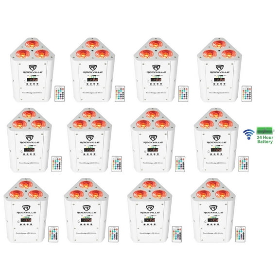 (12) Rockville RockWedge LED RGBWA UV Rechargeable Wireless DMX White Up-Lights