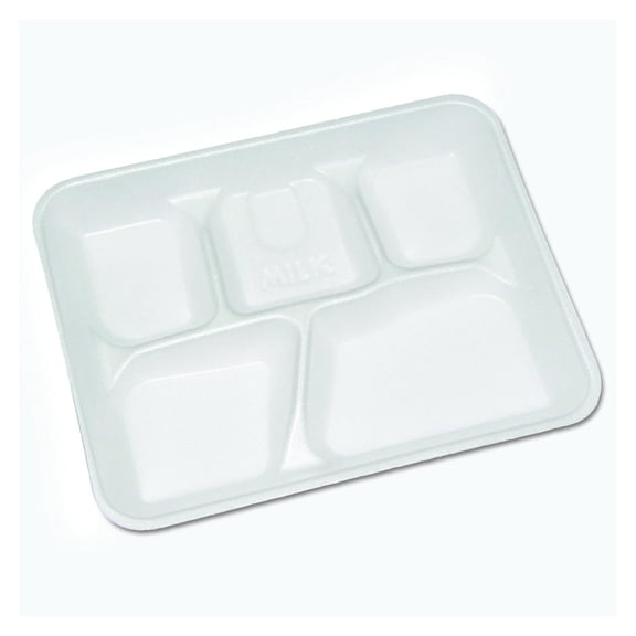 YTH10500SGBX Lightweight Foam School Trays, White, 5-Compartment, 8 1/4 x 10 1/2 (Case of 500)