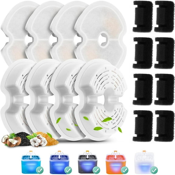 8 Pack Cat Water Fountain Filters & 8 Pre-Filter Sponges for 67oz/2L Cat Water Fountain with LED Night Light, Pet Water Fountain Replacement Filters