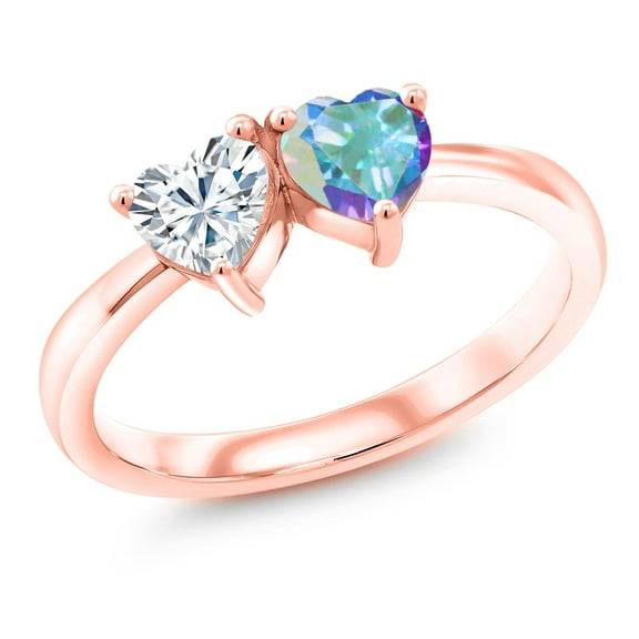 Gem Stone King 18K Rose Gold Plated Silver Mercury Mist Mystic Topaz Ring Set with Moissanite (0.98 Cttw) (Size 6)