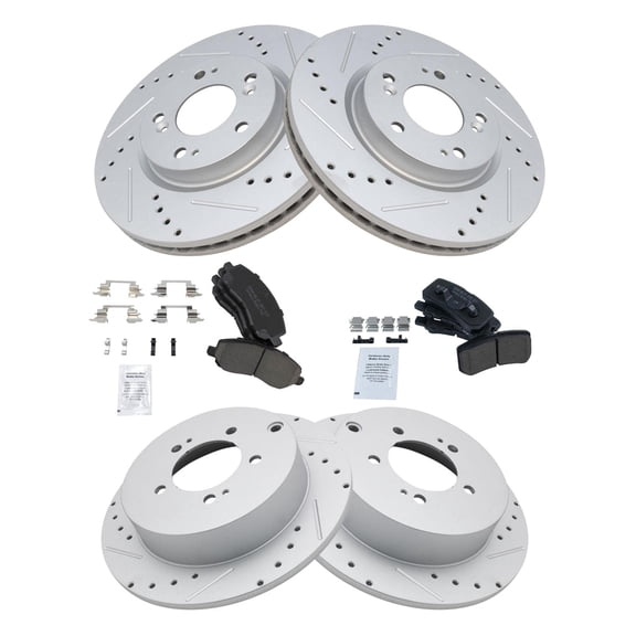 TRQ Front and Rear Performance Brake Pad & Rotor Kit Brake Pads Brake Rotors Set Ceramic Premium G-Coated Fits Select 2007-2012 Mitsubishi Outlander