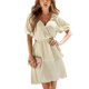 thumbnail image 1 of Vestido de mujer con cintura elástica alta, dobladillo con volantes, manga corta acampanada, cuello en V, vestido de verano de color puro, 1 of 6
