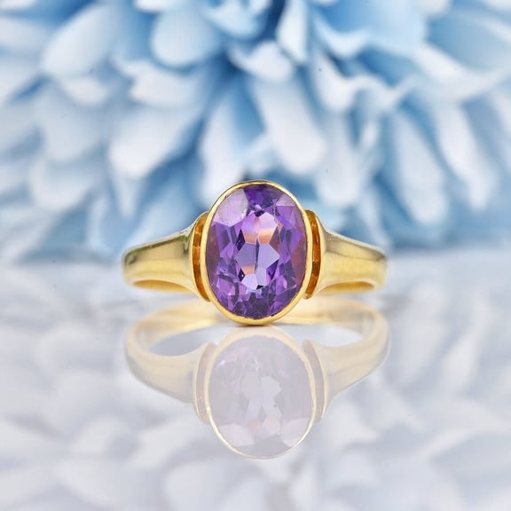 Art Deco Oval Cut Natural Amethyst 14k Yellow Gold Bezel Solitaire Ring