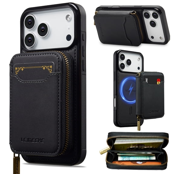 ELEHOLD Shockproof RFID Blocking Leather Wallet Magnetic Case Detachable Zipper Card Holder for iPhone 17 Pro Max, Black