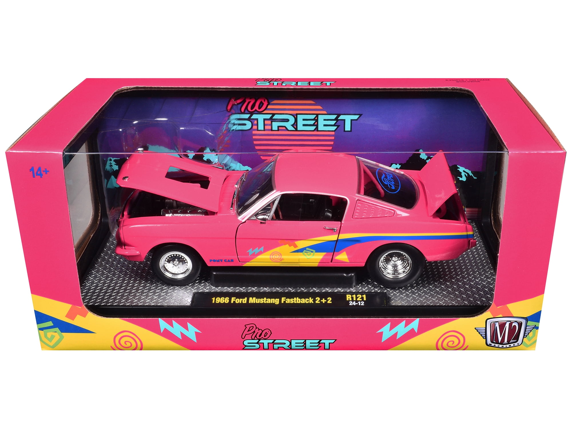 1966 Ford Mustang Fastback 2+2 Pink with Blue and Yellow Stripes "Pro Street" Limited Ed 1/24 Die Cast Model Car by M2 Machines