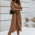 thumbnail image 2 of Robe Chemise Boutonnée pour Femme, Manches Retroussables, Col à Revers, Robe Midi Unie, Décontractée, Ample, Taille à Nouer, en Lin, Robe d'Automne, 2 of 7
