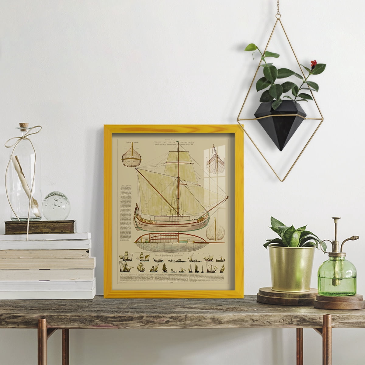 Antique Ship Plan I -Framed Print w/glass-Sunflower Yellow