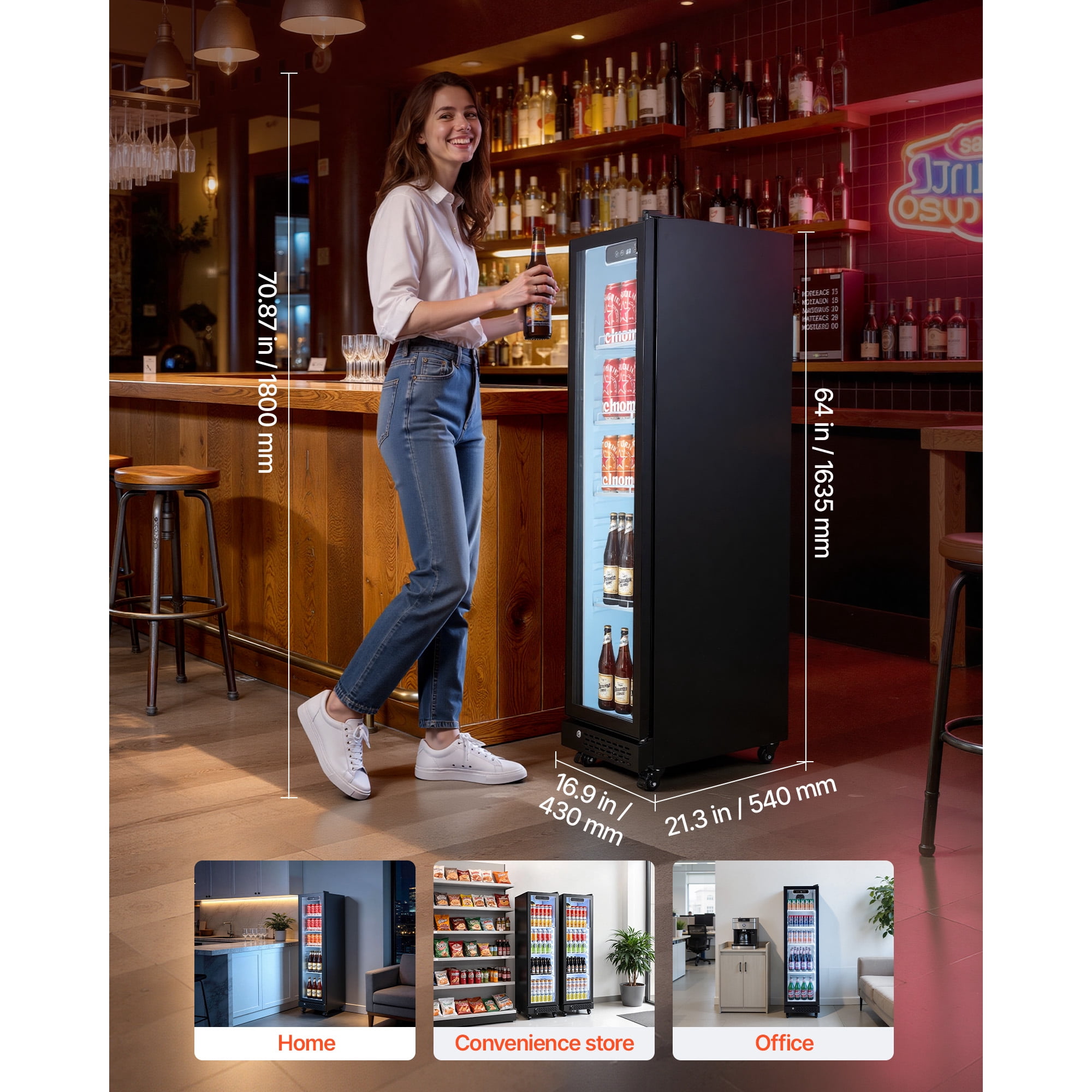 KFFKFF Commercial Glass Door Refrigerator, 6.9 Cu.Ft / 195L Upright Beverage Cooler with Adjustable Shelves, LED Lighting & Casters for Home, Shops, and Bars