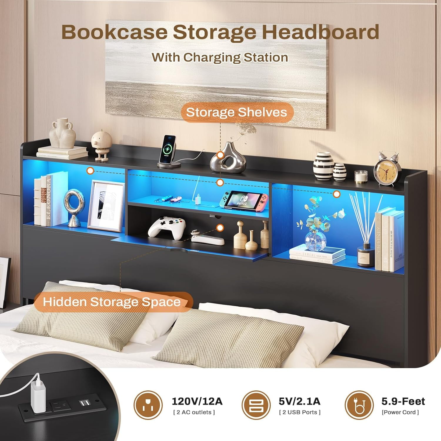 Floating Bed Frame California King Size with Storage Headboard California King Metal Platform Bed with LED Lights & Charging Station, No Box Spring Need, Black