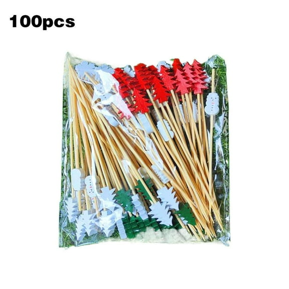 100pcs Bamboo Cocktail Picks Pine Tree Design, 11cm Holiday Fruit Skewers for Appetizers, Drinks, Party Decoration