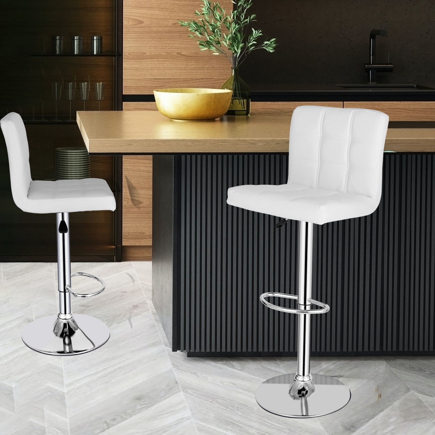 HomGarden Set of 2 Adjustable PU Leather Swivel Barstool Indoor Bar Stool W/ Back, White