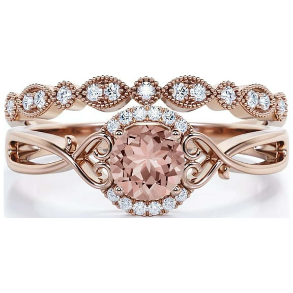 Dazzling Half Halo 1.75 Carat Round Cut Morganite And Diamond Moissanite Engagement Ring Wedding Ring in 925 Sterling Silver With 18k Rose Gold Plating, Promise Ring, Bridal Set, Matching Band