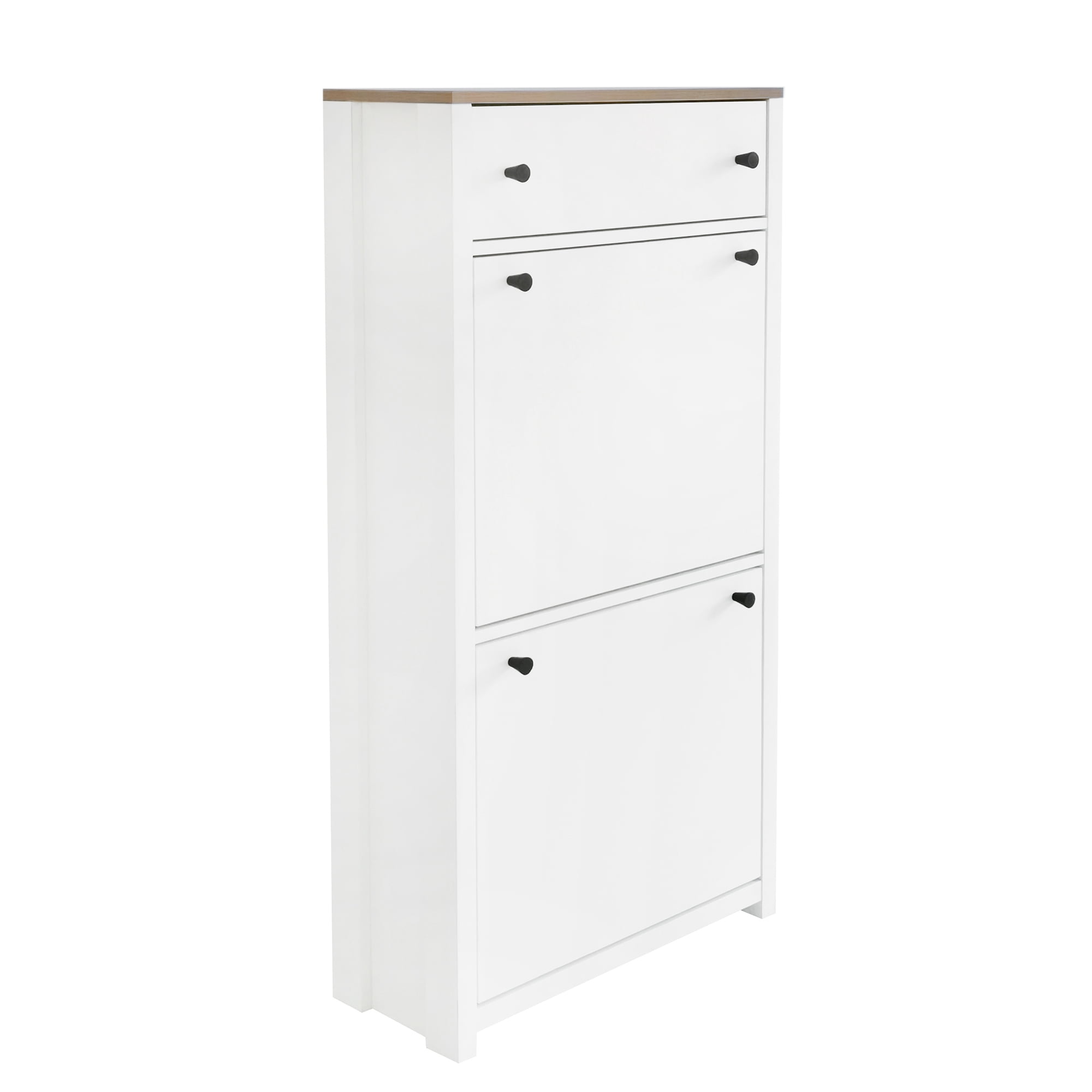 MAYEERTY Functional Entryway Organizer with 2 Flip Drawers, Wood Grain Pattern Top Shoe Cabinet with Drawer, Free Standing Shoe Rack with Adjustable Panel for Hallway, White
