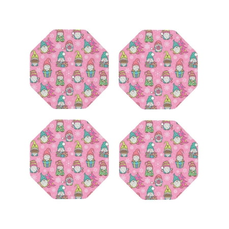 

Lukts pink Holiday Joy Print Leather Drinks Coasters Set of 4 Suitable or Drinks Furniture Protection and Easy Clean up-Octagon