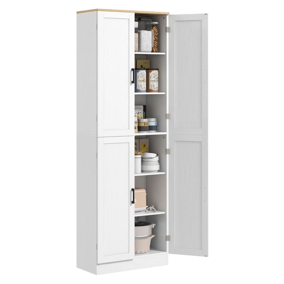 Kitchen Pantry Freestanding, 4-Door Kitchen Cabinet with Adjustable Shelves, Distressed White - Kitchen Storage Organizer for Dining Room, Living Room