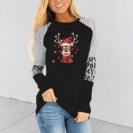 

Women s Fashion Casual Long Sleeve Christmas Print Round Neck Top