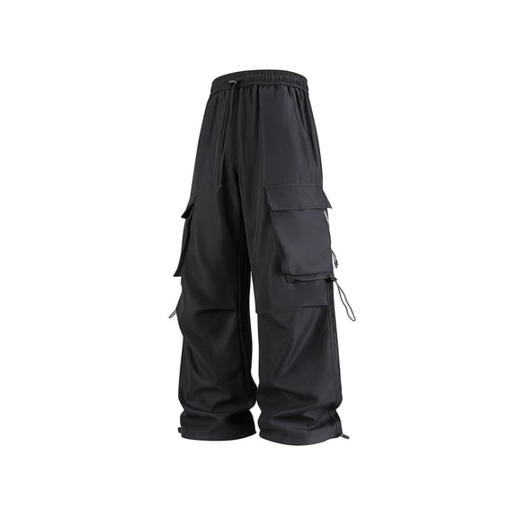 YLSDY Flat Pocket Parachute Pants for Men Casual Baggy Cargo Pants Unisex Street Y2K Pants Drawstring Trouser Black L