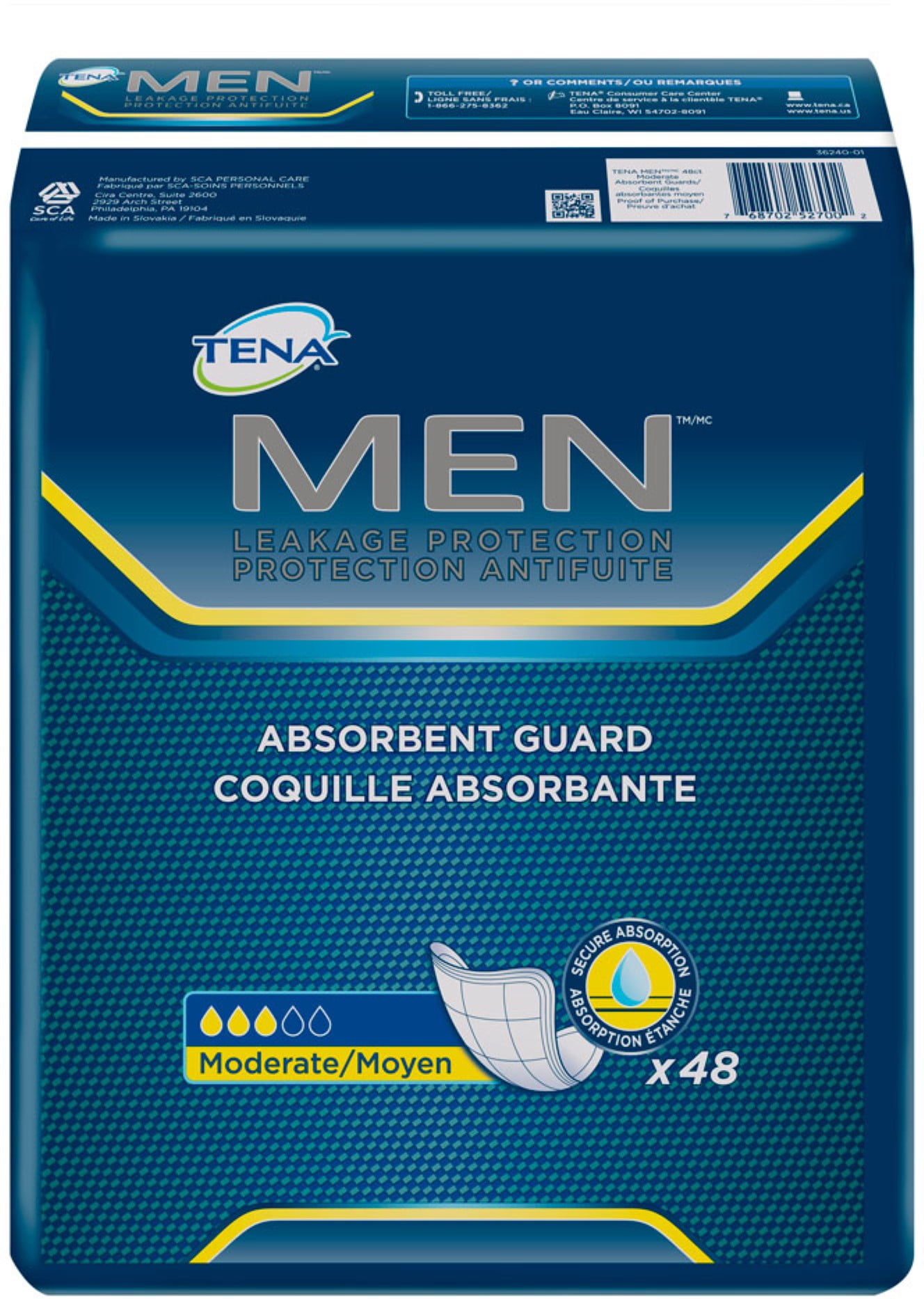 Tena Incontience Absorbent Guards For Men, Moderate Absorbency, 48 Ct