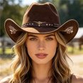 thumbnail image 5 of RUINIXCW Western Cowboy Hat for Men Women Cowgirl Hat Felt Wide Brim Fedora Hat with Bull Head Belt Floral Embroidery Roll Up Jazz Hat Themed Party Cap Wedding Festival Costume, 5 of 8