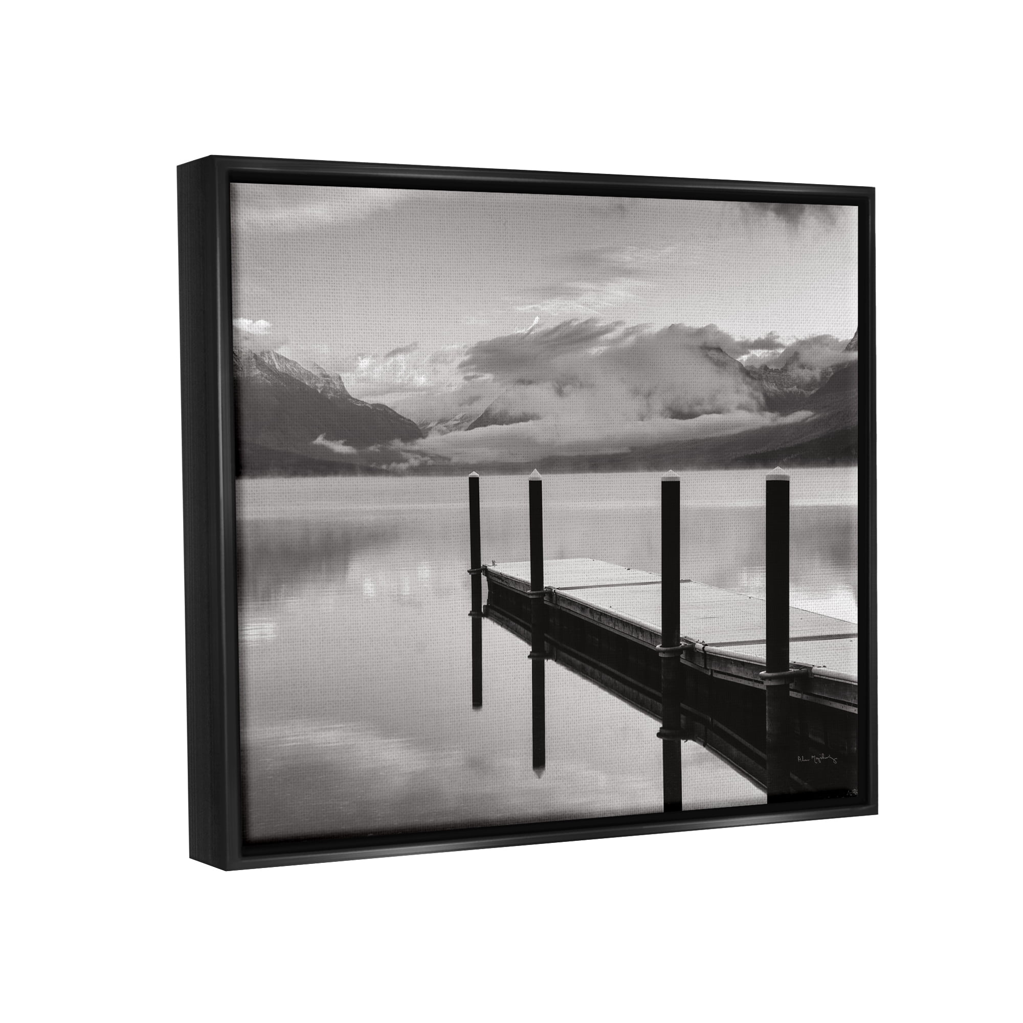Stupell Industries Lakeside Mountain Dock Nature Photography Black Floater Framed Art Print Wall Art, 31 x 25