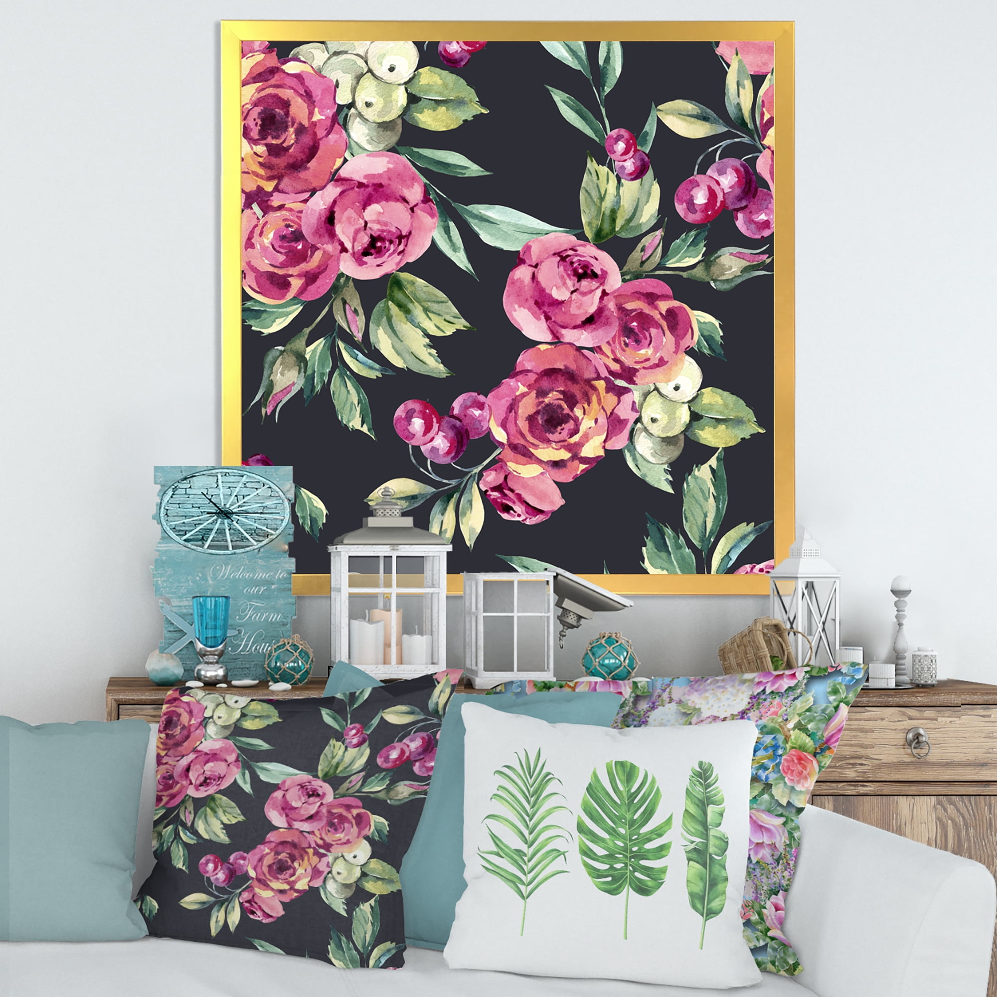 Designart 'Red VIntage Roses and Berries On Black Background' Farmhouse Framed Art Print