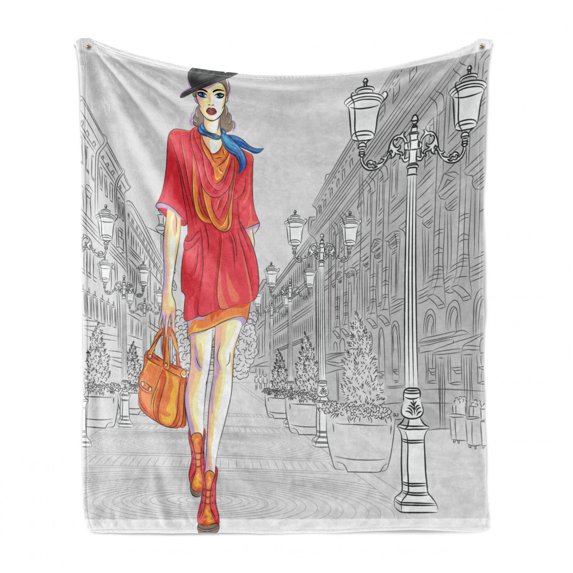 Fashion Soft Flannel Fleece Blanket, Urban Fashion Themed Image with Girl in Colorful Clothes and Historical Street View, Cozy Plush for Indoor and Outdoor Use, 60" x 80", Multicolor, by Ambesonne