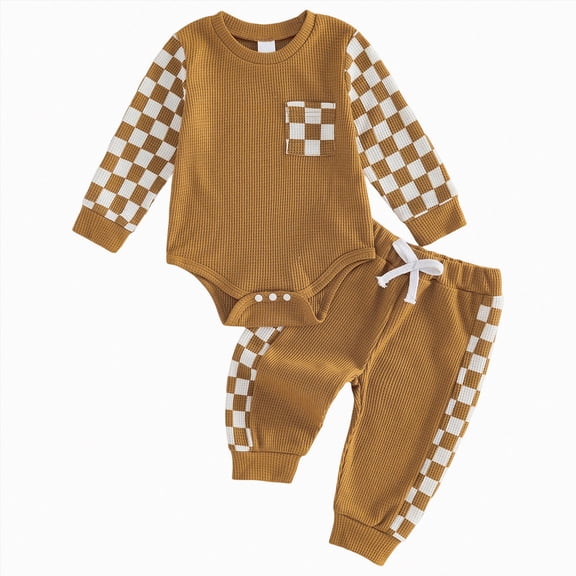 TOWED22 Newborn Baby Boy Girl Clothes Checkered Plaid Long Sleeve Waffle Knit Romper Pants Set 2 Piece Fall Winter Outfits,Brown,3-6 M