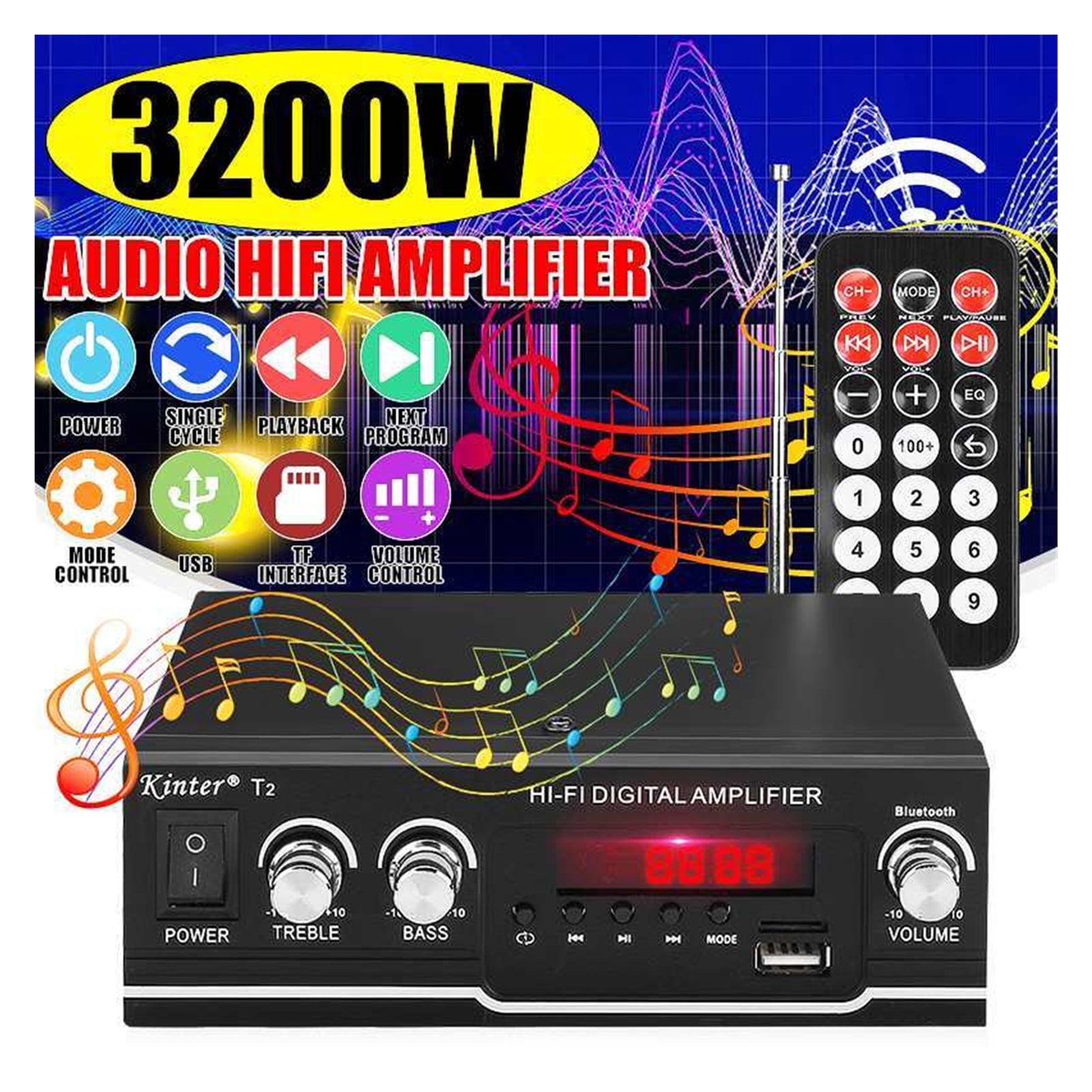 3200W HIFI Bluetooth Power Amplifier Car/Home Theater Digital Power Audio Amplificador Speaker Treble Bass Control FM USB SD ,Powerful Sound Quality