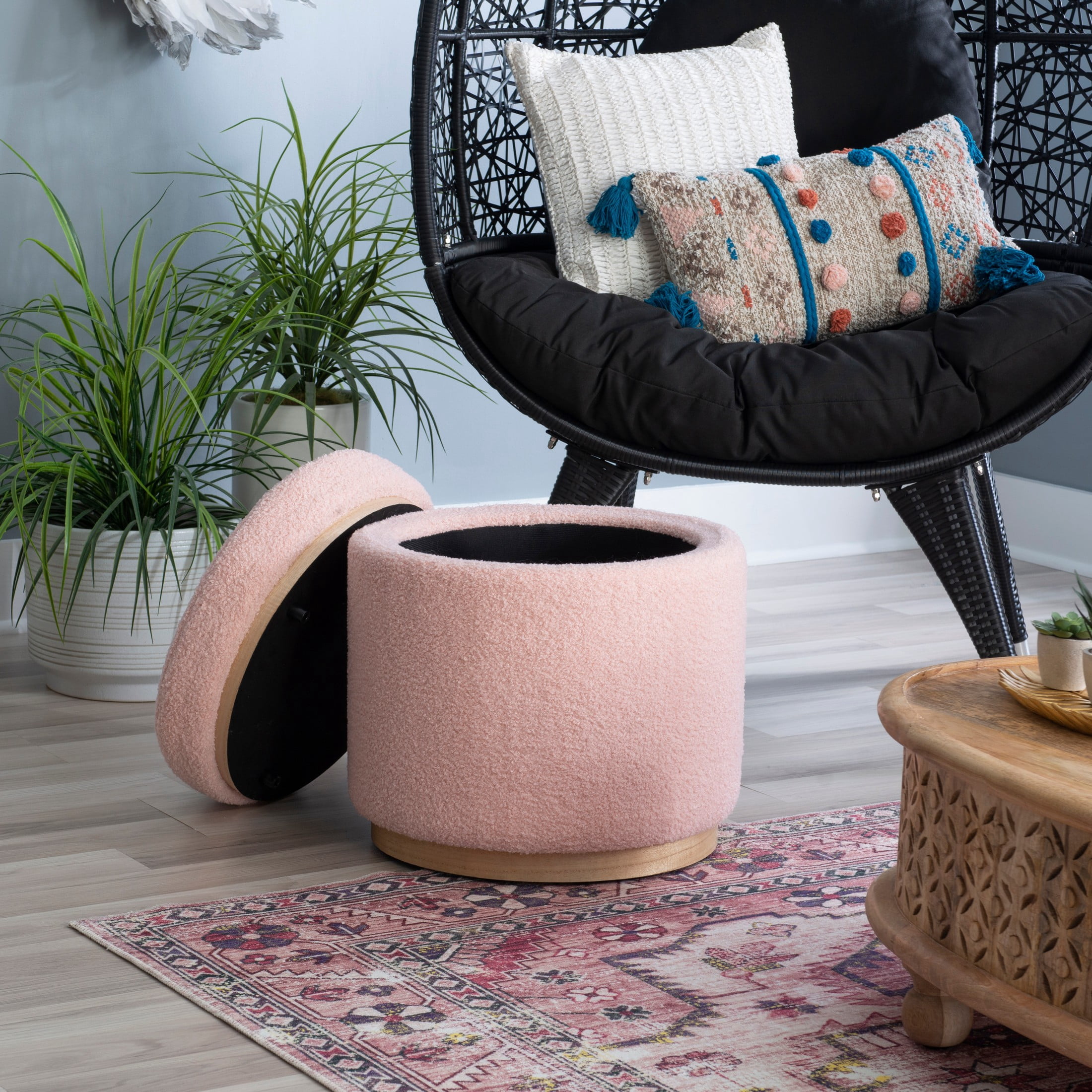Linon Primrose Storage Ottoman Stool, Natural Finish with Blush Sherpa Fabric