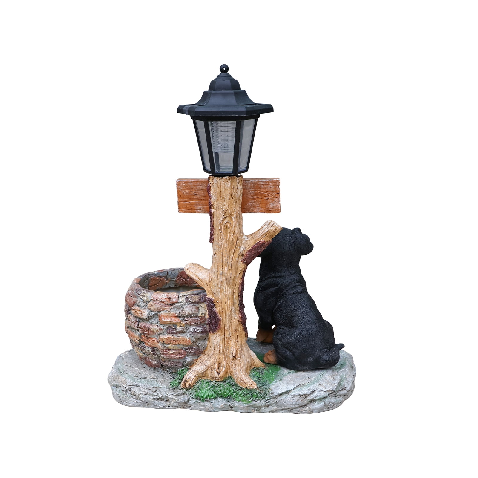 18.5" H Rottweiler Garden Statue with Solar Lamp Post,Welcome Sign & Brick Well Planter,Outdoor Freestanding Dog Decor for Patio,Porch and Backyard,Brown+Black