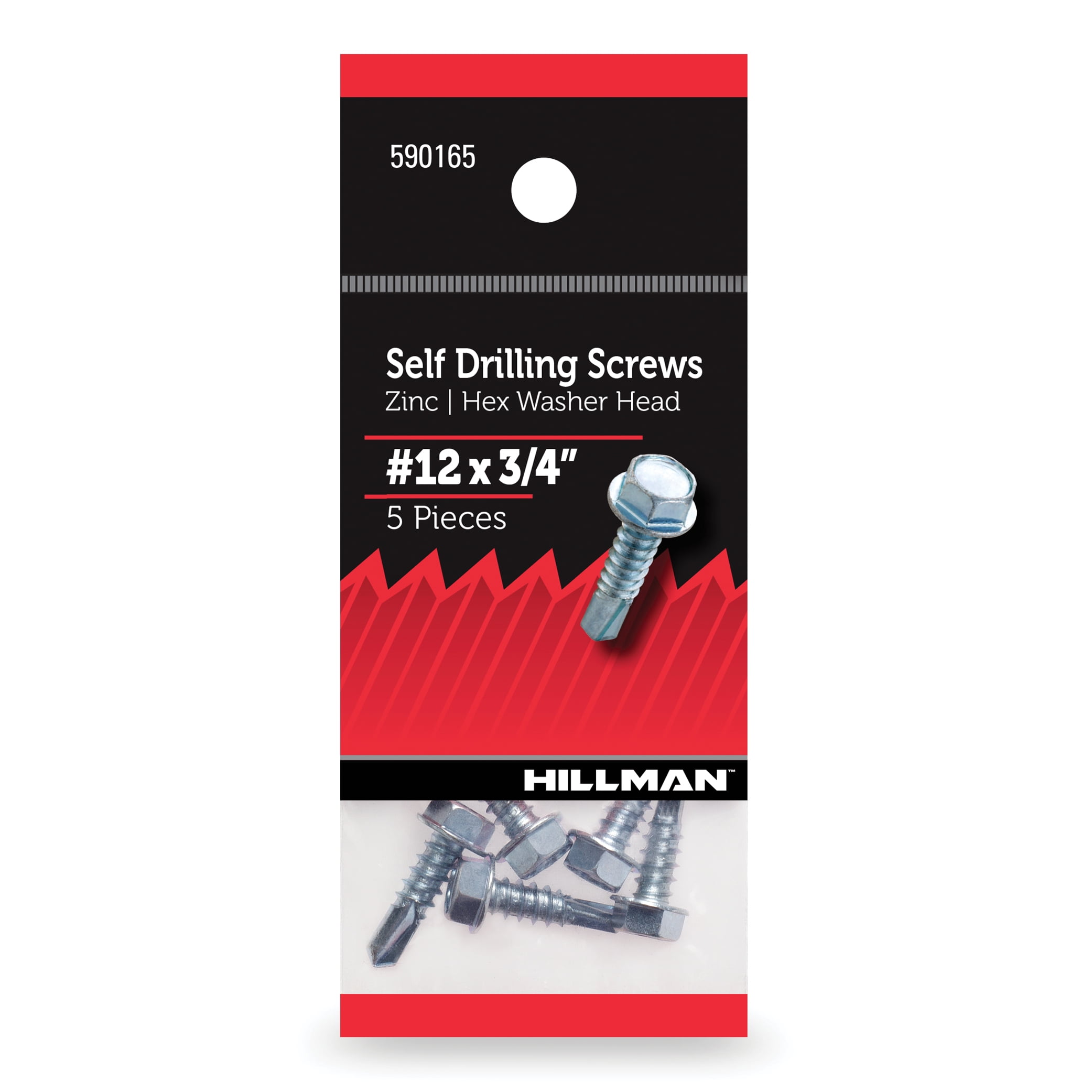 Hillman Self Drilling Screws, Hex Washer Head, #12 x 3/4" Zinc Plated, Steel, Pack of 5