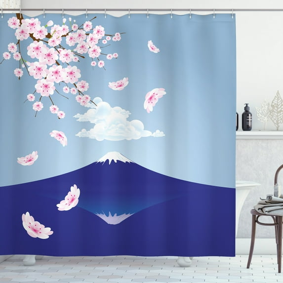 Fuji Shower Curtain, The Abstract Scene of Snow Capped Mountain with Cherry Blossoms, Fabric Bathroom Set with Hooks, 69"W X 75"L Long, Dark Lavender and Multicolor, by Ambesonne